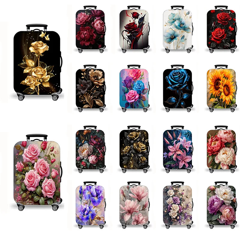 Luggage Cover, Luxury Floral Rose Print Stretch Suitcase Protector for Travel, Elegant Peony Sunflower Art Design