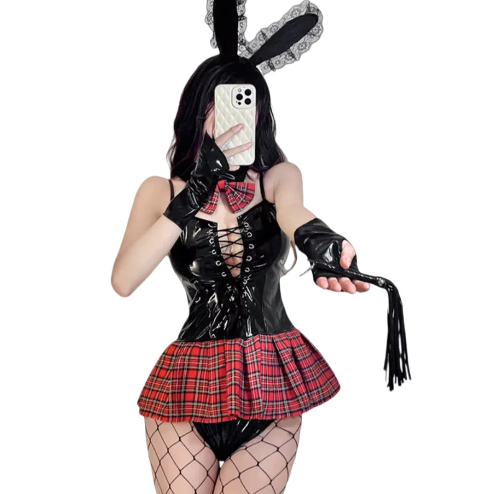 New sexy lingerie camisole patent leather red plaid skirt uniform bunny girl seduction straps student uniform leather jacket