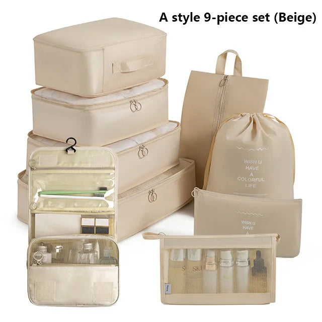 9Pcs Travel Packing Cubes Set Waterproof Luggage Organizer with Drawstring Pouches for Clothes Shoes Cosmetics Underwear - Suitc