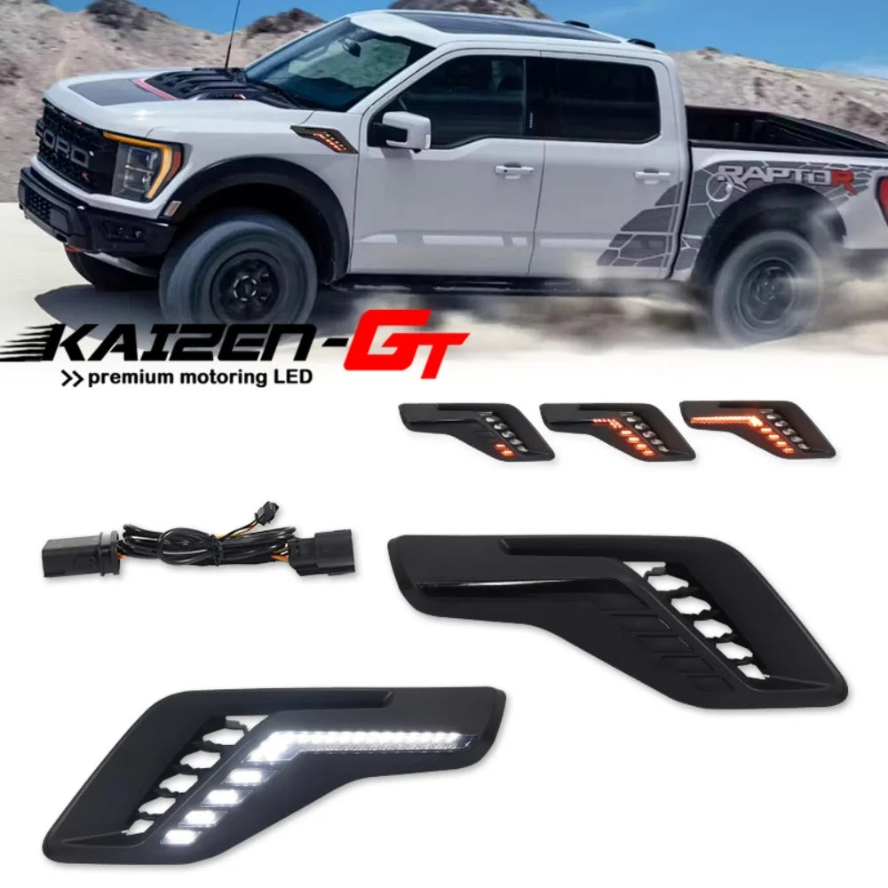 Sequential Amber LED Car Front Fender Side Marker Turn Signal Lights W/ White DRL Driving Lights For Ford F-150 Raptor 2022 2023