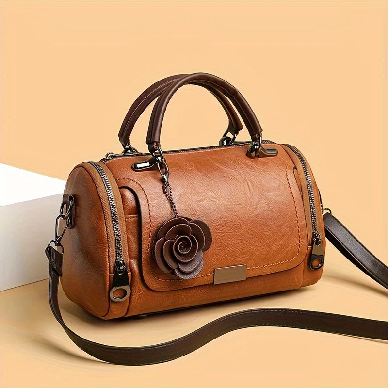 Large Vintage Boston Handbag - Solid Color PU Satchel with Zipper Closure, and Flower Pendant - Perfect for Occasional Use