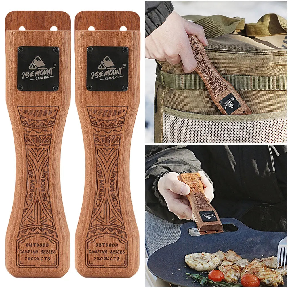 Outdoor Grill Pan Handle Anti-scald Solid Wood Handle Adjustable Grill Pan Clip Insulated Handle Camping Picnic Cookware Tools