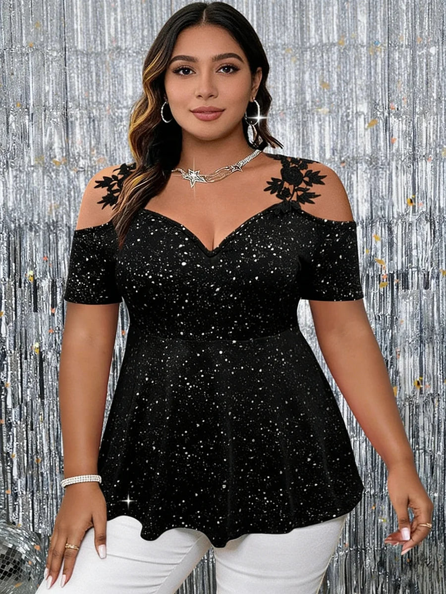 Plus Size Glitter Peplum Top Cold-Shoulder Stretchy Party Blouse Glam Evening Top