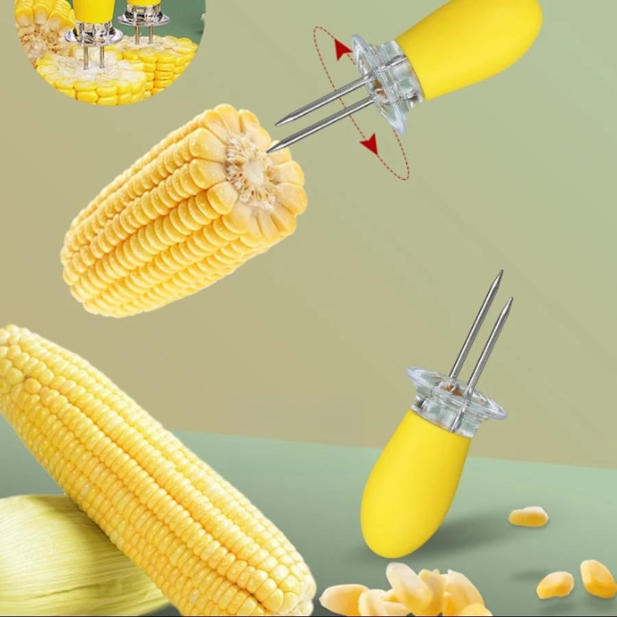 Stainless steel corn cob holder, corn skewer, barbecue fork, fruit fork, with silicone handle and convenient butter spreader