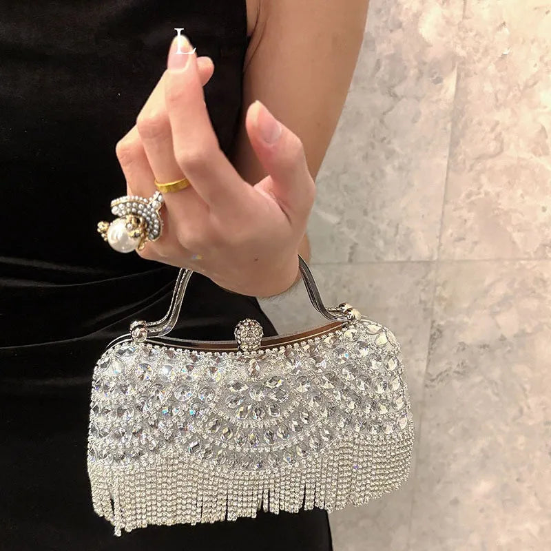 Diamond Evening Clutch Bag Golden Tassel Handbag Boutique Novelty Metallic Rhinestone Purses and Handbags Bridal Wedding Party