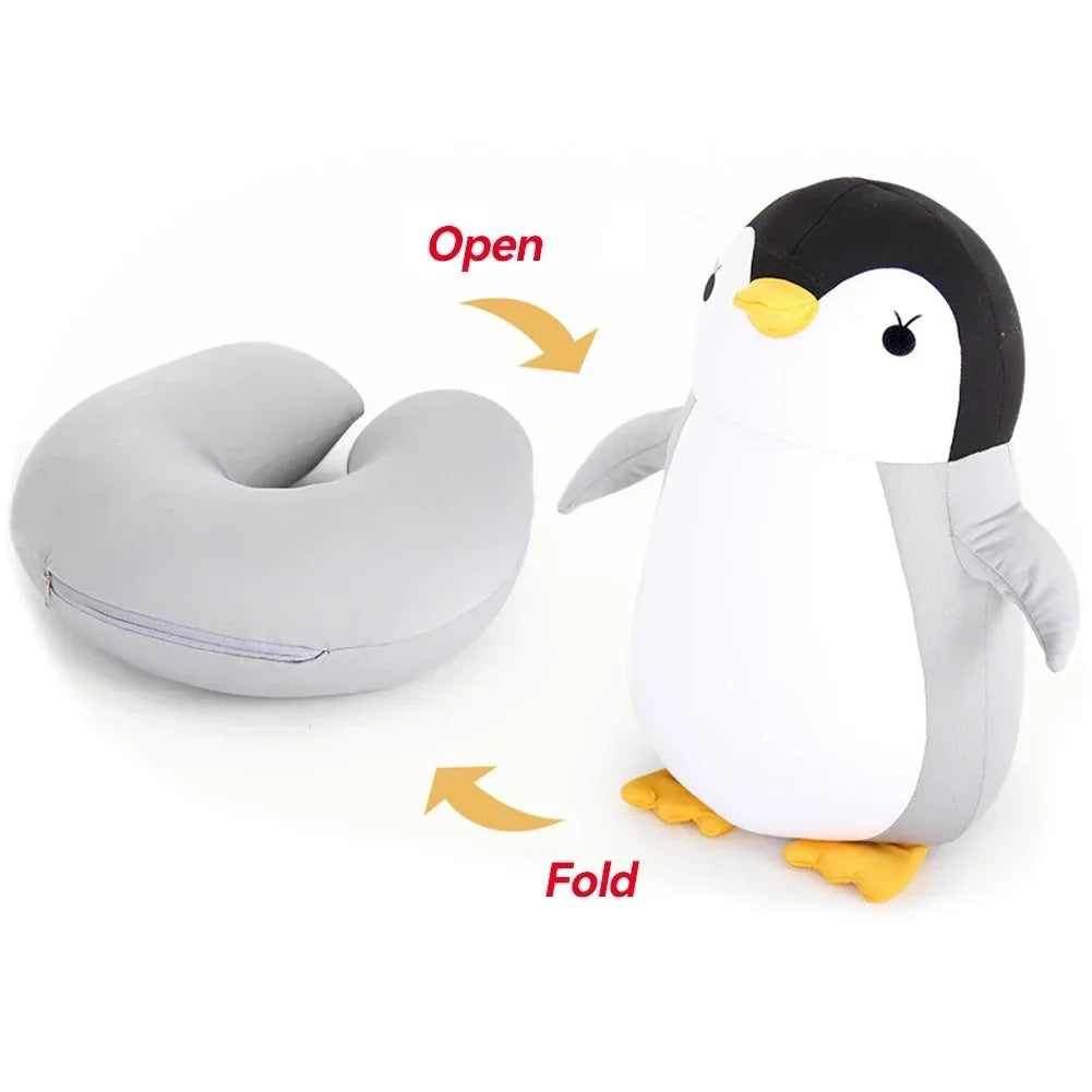 Travel Neck Pillow U-Shaped Plush Pillow Cute Zip and Flip Penguin Deformable Cushion Supports Your Head Neck Chin for Adult