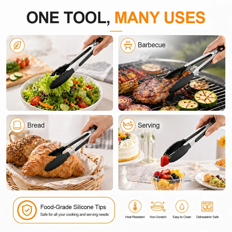 8 Inch Silicone Kitchen Tongs Heat Resistant BPA-Free Stainless Steel BBQ Grill Food Tongs Anti-Slip Cooking Clip for Steak