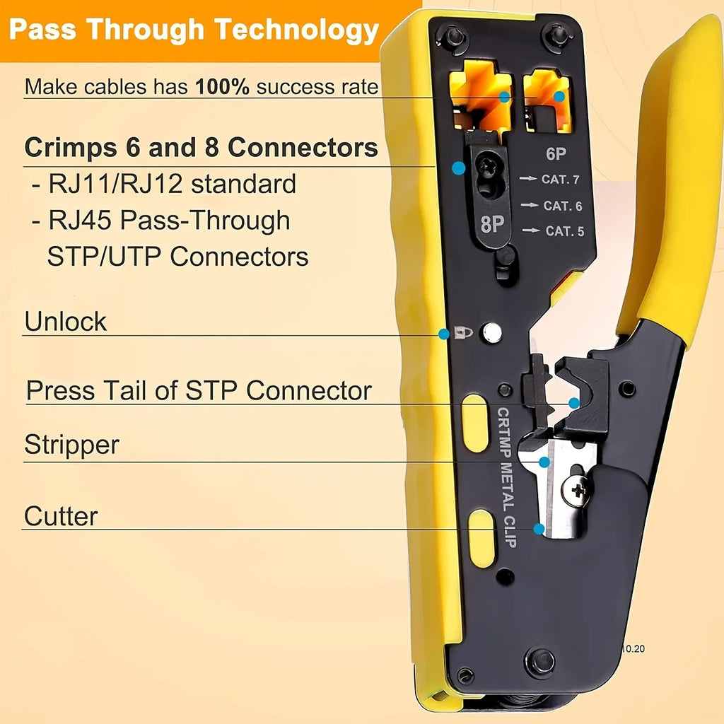 Ratcheting Modular Data Cable Crimper / Wire Stripper / Wire Cutter for RJ11/RJ12 Standard, RJ45 Pass-Thru Connectors