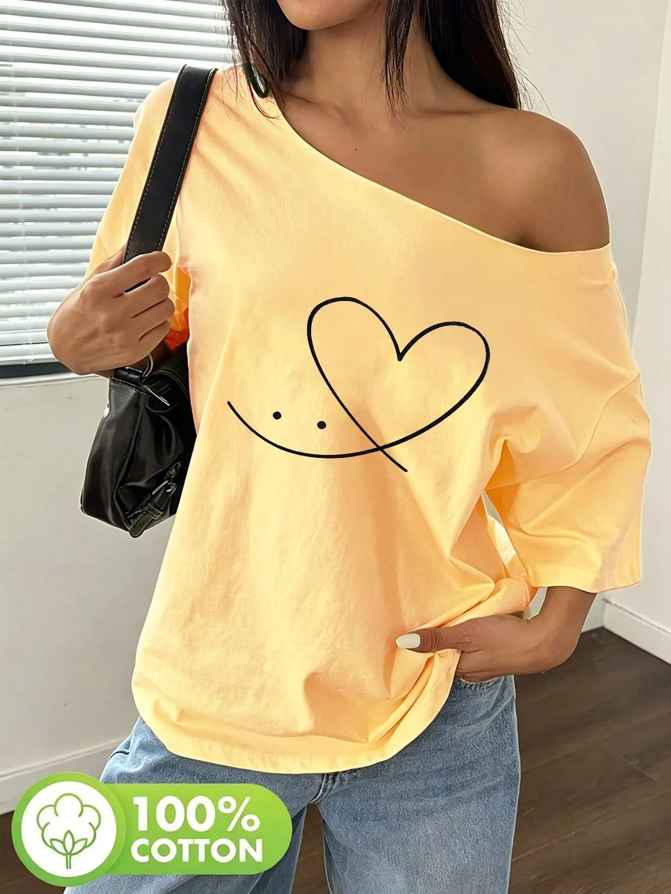 Plus Size Hand Drawn Sketchy Heart Smile Face Graphic Tee 100% Cotton Shoulder Loose Print T-Shirt Oversized Y2K Style Graphi