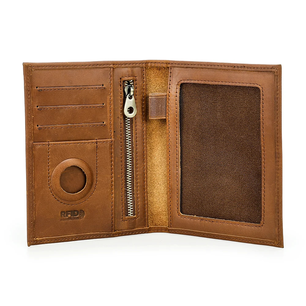 Genuine Cow Leather Passport Holder Travel Wallet with Airtag Case Anti-lost Pocket Pen Card Holder RFID Blocking Passport Cover
