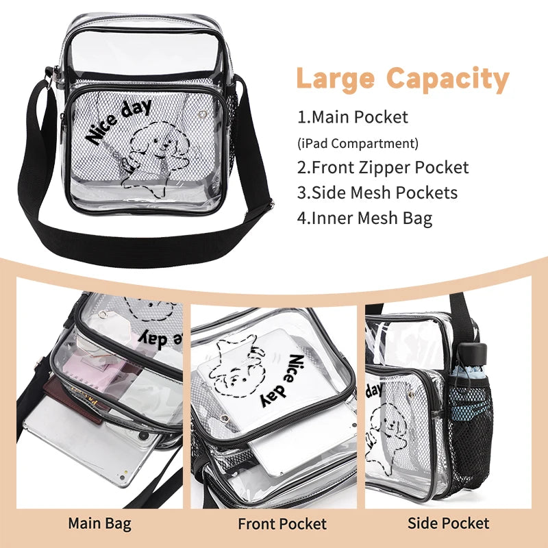TINYAT PVC Clear Messenger Bag Women Transparent Shoulder Bag Waterproof Crossbody Bag for Music Concert Sports Race