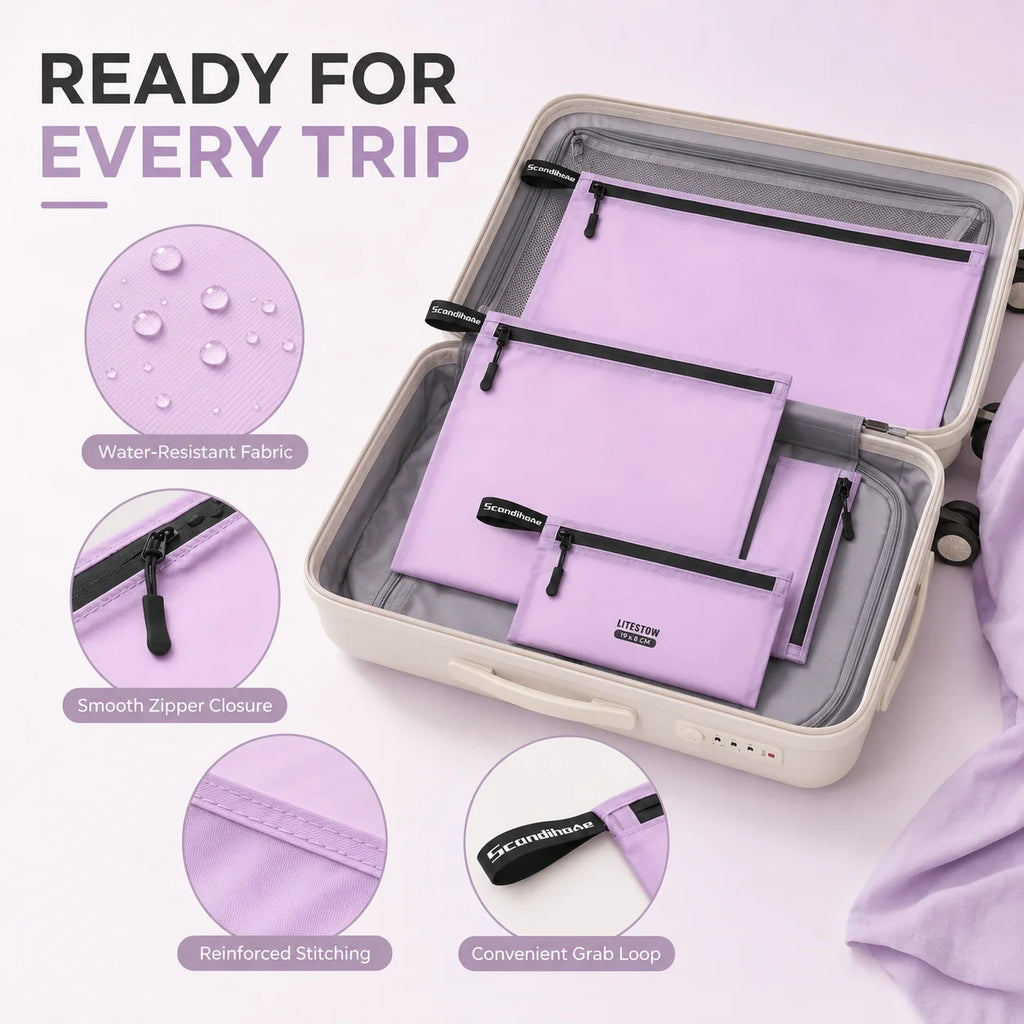 4Pcs Ultralight Packing Organizer Bags Set, Water-Resistant Nylon Zipper Pouches, 4 Sizes for Travel Luggage Clothes Toiletries