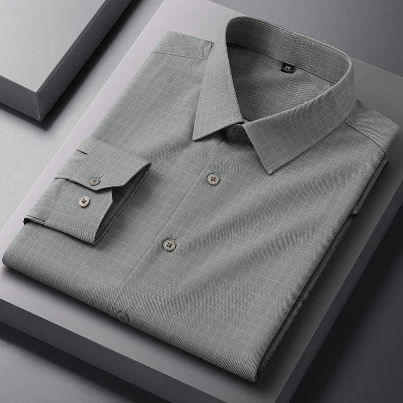 New Anti-Wrinkle Men Shirts Long Sleeves Dress Shirts For Men Slim Fit Camisa Social Business Blouse Plaid Striped Office Shirt