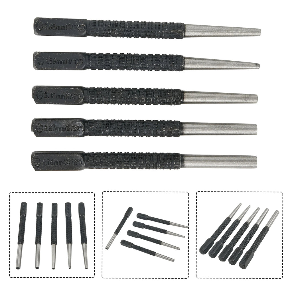 5pcs Nail Punch Set Hammerless Hammer Punch Spring Tool Hammerless Nail Center Holes Punch Woodwork Drill Bit Door Pin Removal