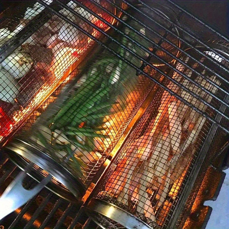 BBQ Grill Basket Stainless Steel Rolling Grilling Basket Barbecue Cages Barbecue Grill Grate Cylinder Grilling Basket Outdoor