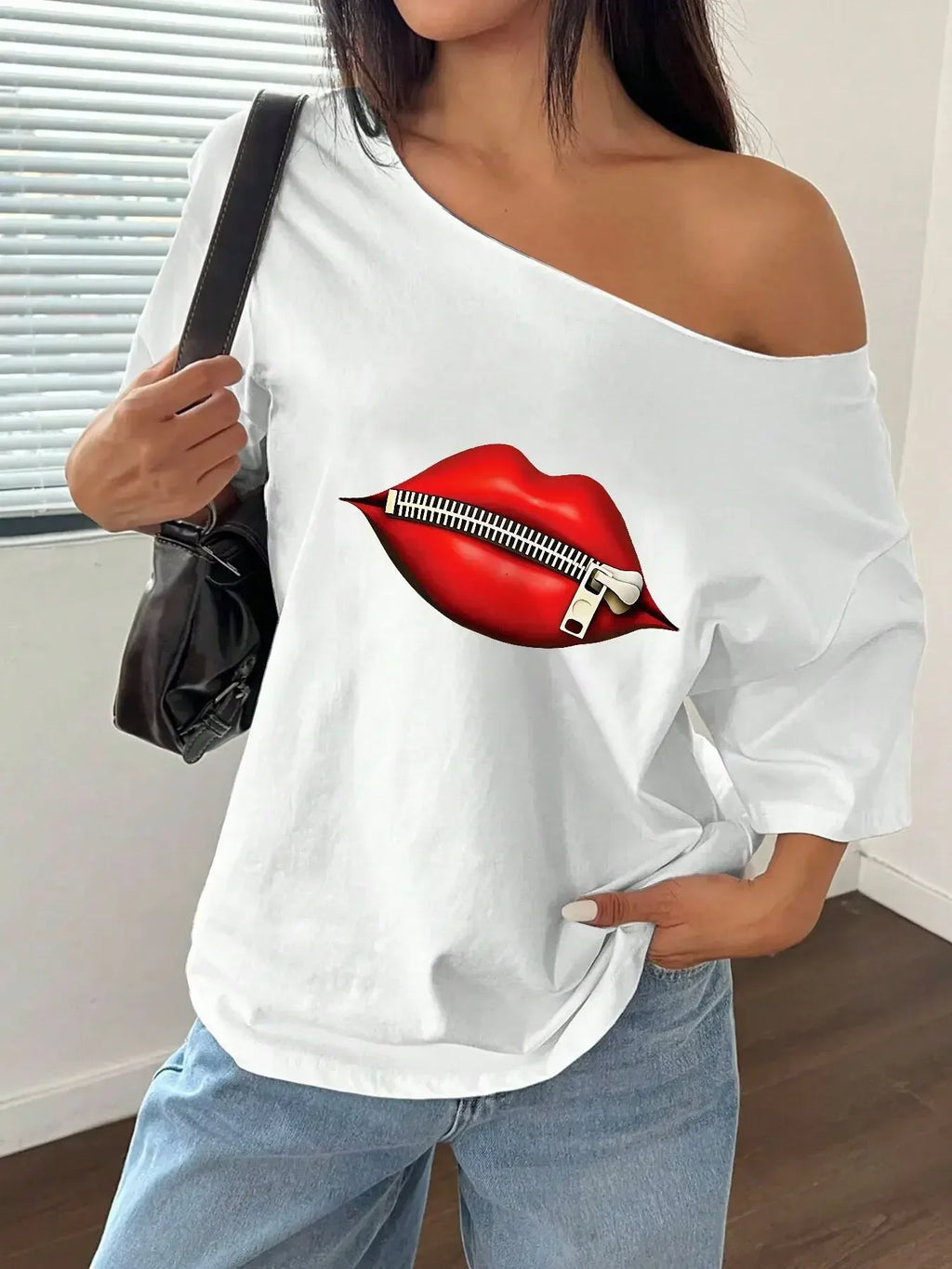 100% Cotton Plus Size Red Lips Zipper Print Shoulder Loose Print T-Shirt Oversized Y2K Style Graphic Tees Women Tops Summer O