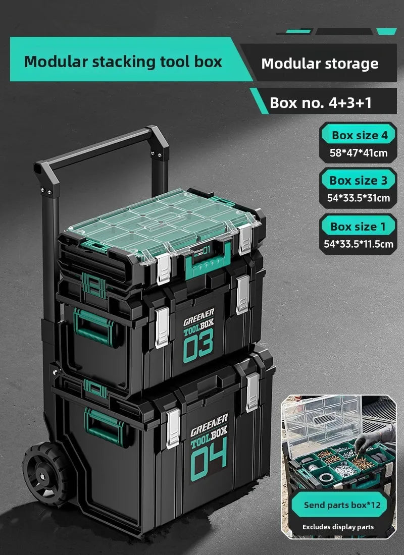 Toolbox hardware storage box, large capacity combination stacking box, pull rod industrial grade new set, hand-held toolbox