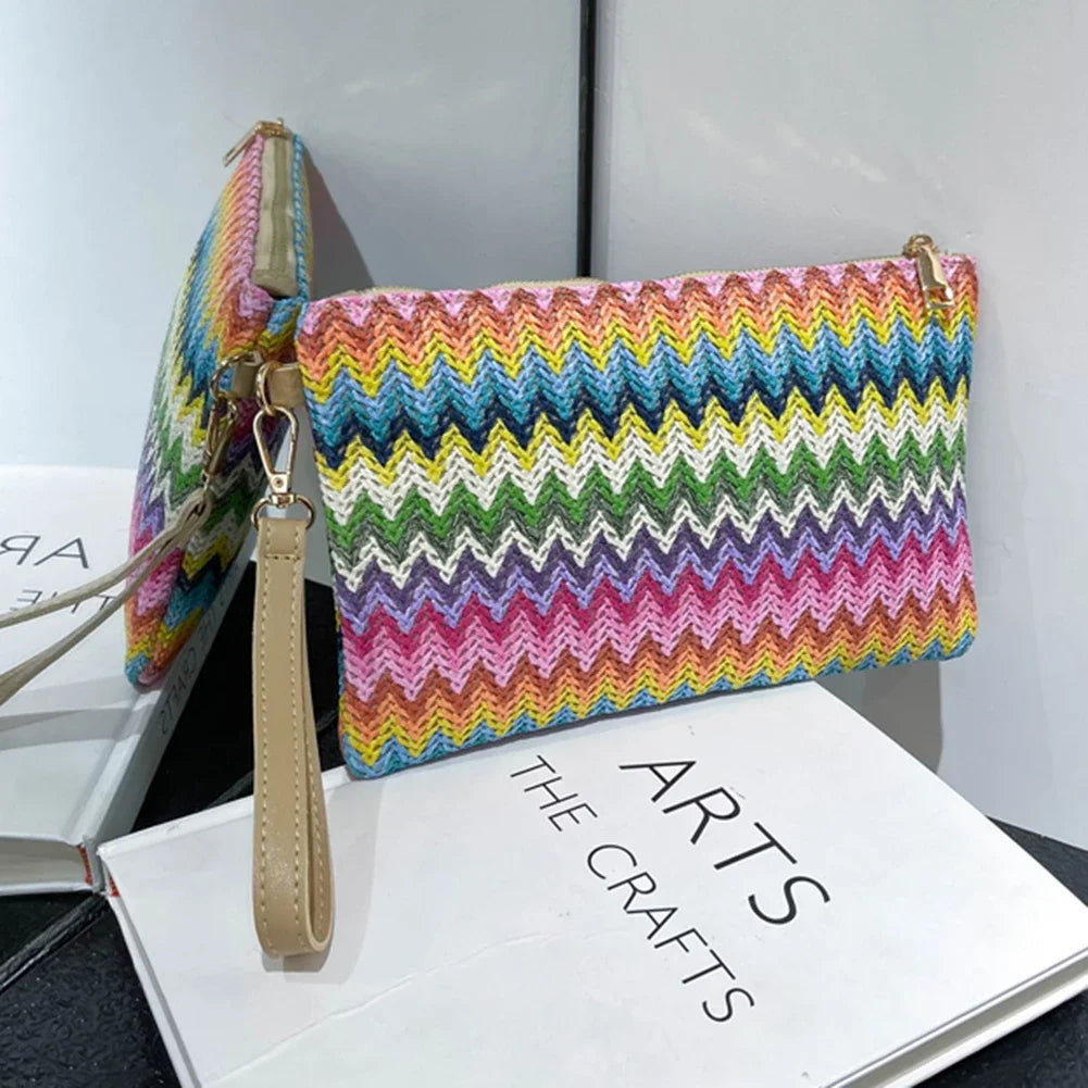 Woven Clutch Bag Colourful Money Beach Long Bag Handmade Vintage Casual Portable Elegant Simple Exquisite for Weekend Vacation