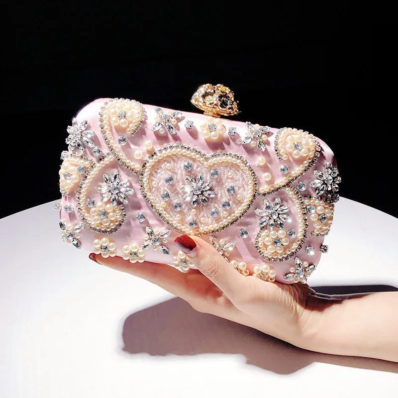 2025 Satin Vintage Women Party Evening Bags Metal Flower Luxury Diamonds Clutch Rhinestones Handbags Chain Shoulder Bag