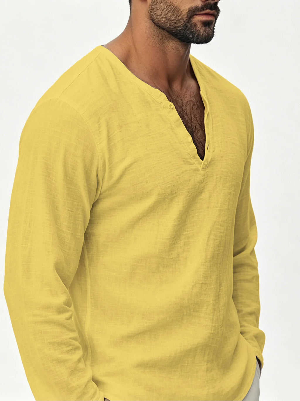 Men Textured Henley V Neck Linen Blend Long Sleeve Casual Shirts