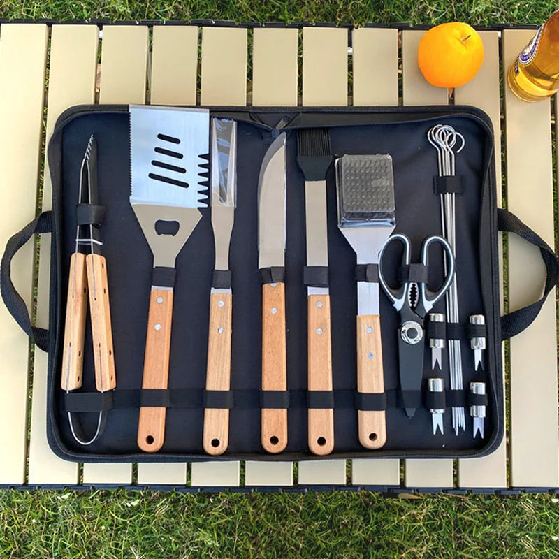 Outdoor Camping Barbecue Tool Combination Wooden Handle Fork Shovel Clip BBQ Accessories Cloth Bag Stainless Steel Grill Set