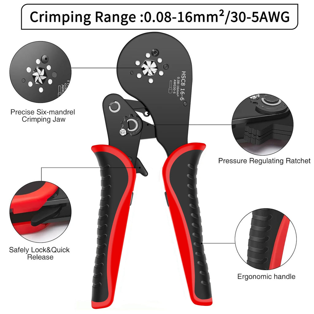 HSC8 16-6 Ferrule Crimping Tool Tubular Terminal Crimper For Large Size Terminals Electrical Clamps 0.08-16mm²/30-5AWG Plier