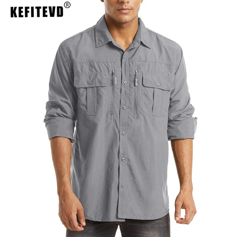 KEFITEVD Quick Dry Men's Hiking Shirts Zipper Chest Pocket Long Sleeve Cargo Shirts Lightweight Camping Trekking Fishing Shirt
