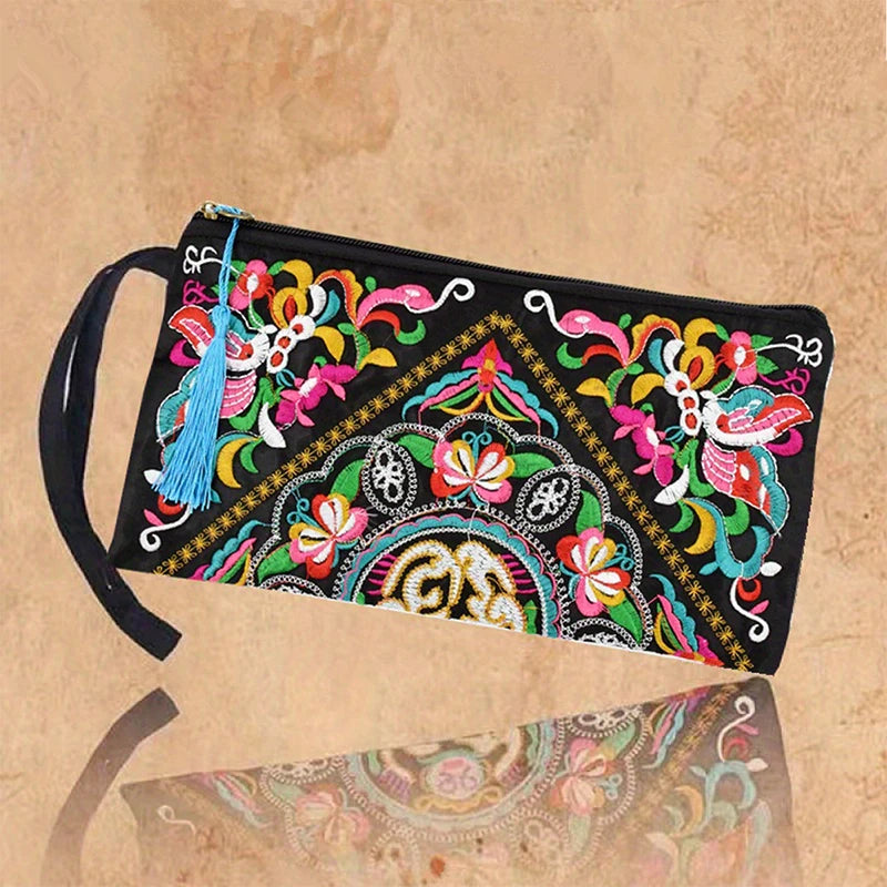 Embroidered long-style handbag, retro large-capacity clutch bag, women's evening bag, mobile phone organizer Wallet