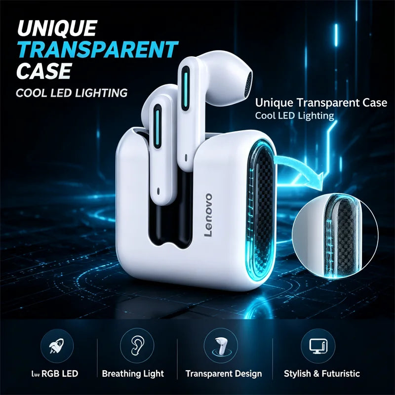Lenovo EA189 Bluetooth 5.4 Wireless Earbuds LED Transparent Charging Case HiFi Stereo Sports Headphones Noise Reduction Headset