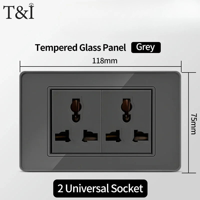 118*75mm Tempered Glass Socket US Wall Socket Grey Thai USB Socket Plug with Dual USB Type-C Ports,Light Switch 110V