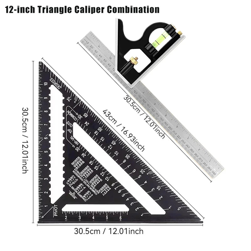 Premium Rafter Square and Combination Triangle Square Set, Woodworking Framing Square, Ruler and Protractor Tool Set