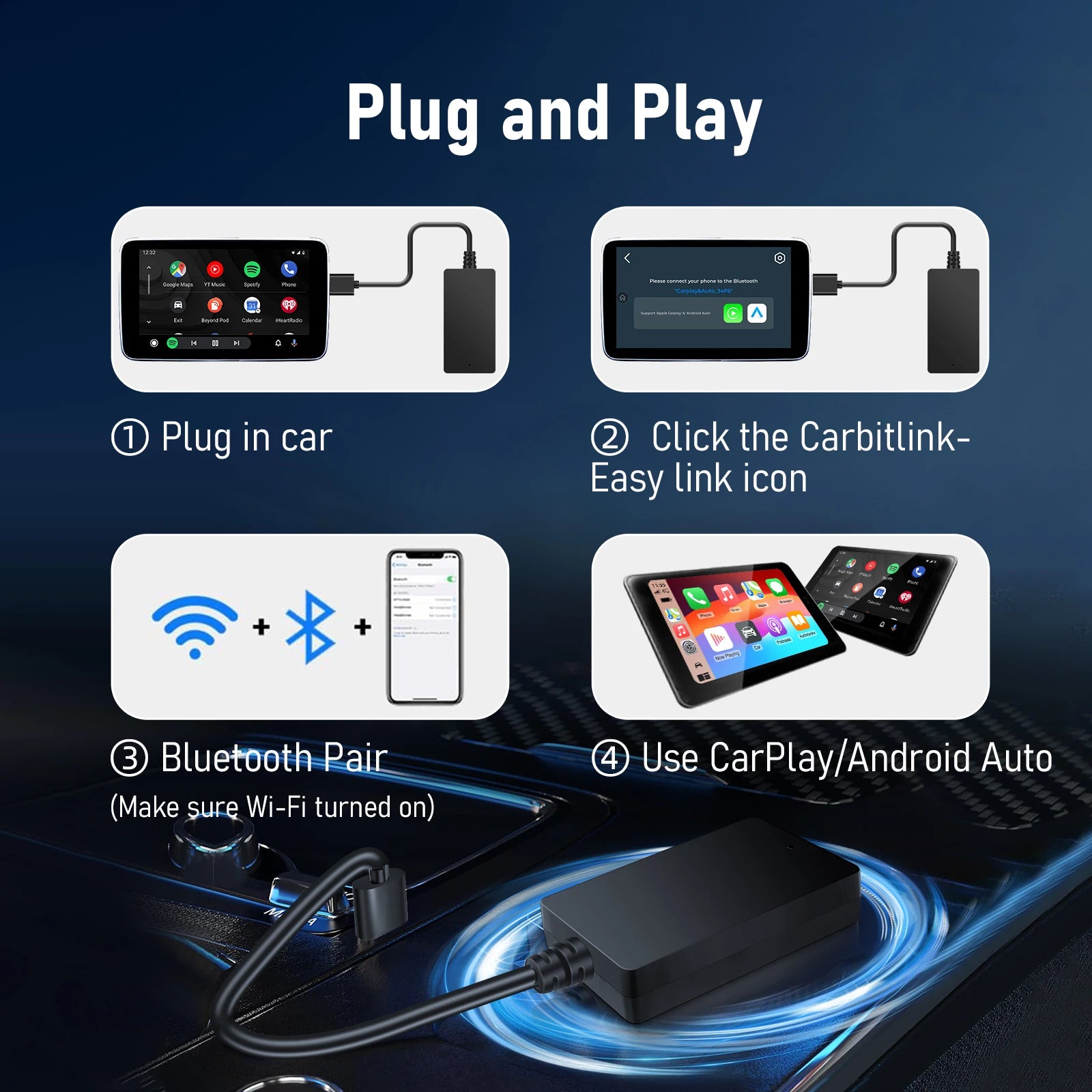 Carbitlink Easylink Easyconnection To Wireless CarPlay Android Auto 2 in 1 Adapter Plug & Play Auto Connect Fit for Chinese Car