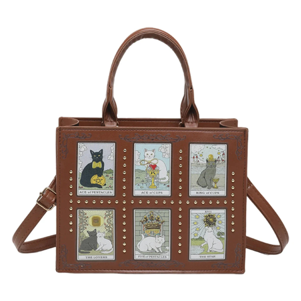 Cat Rivet Print Tote Bag For Women Crossbody Shoulder Handbag PU Leather Cat-themed Zippered Handbag Large Capacity Handle Purse