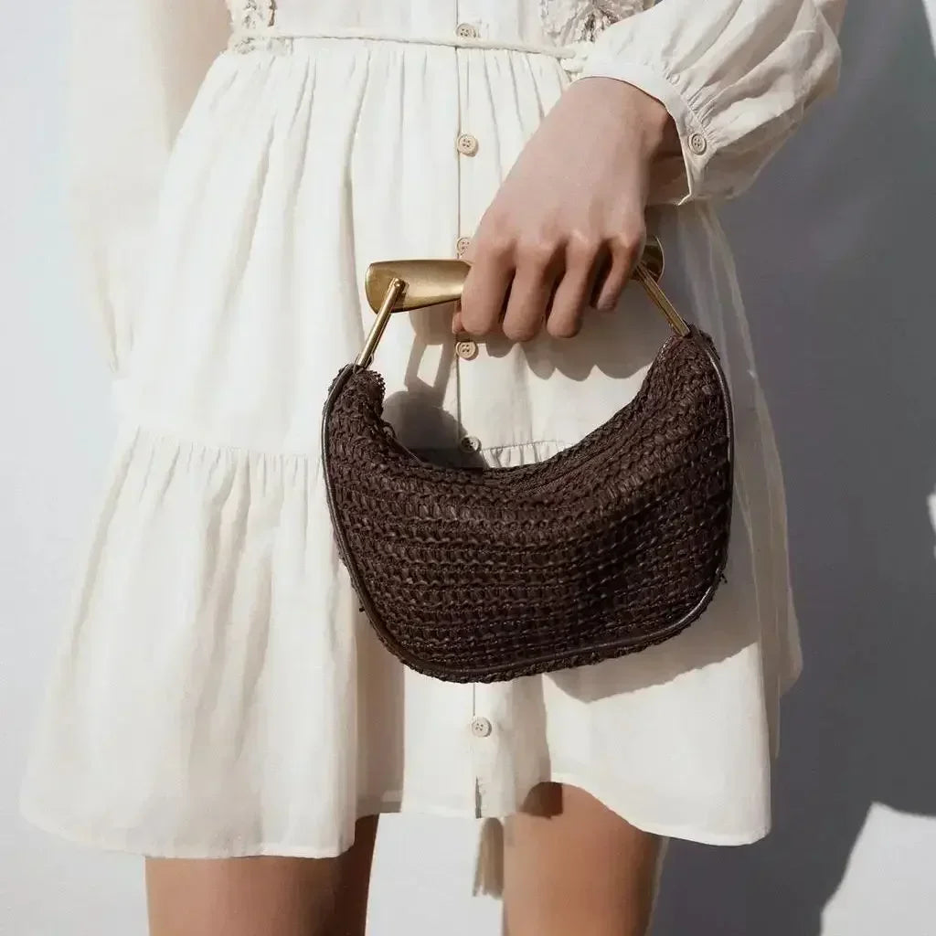 Women's Woven Straw Bucket Bag, Summer Half-Moon Beach Straw Shoulder Bag, Casual Tote Crossbody Purse