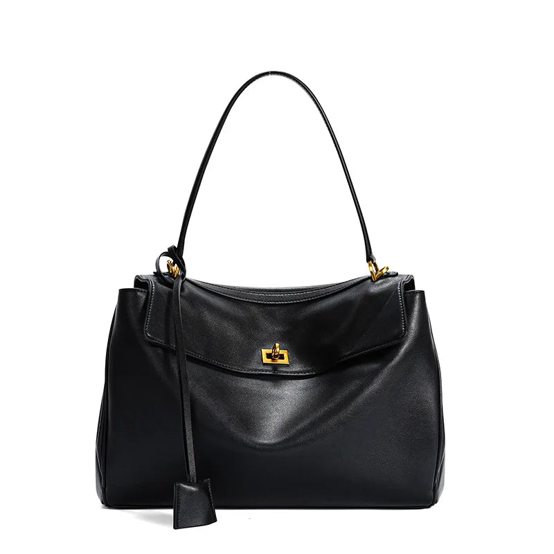 New Women's Large Capacity Leather Rodeo Bag Fashion Advanced Lock Design High Sense Underarm Shoulder Bag
