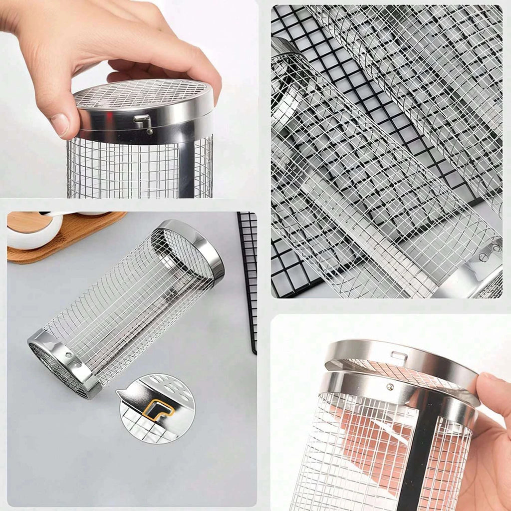 BBQ Grill Basket Stainless Steel Rolling Grilling Basket Barbecue Cages Barbecue Grill Grate Cylinder Grilling Basket Outdoor