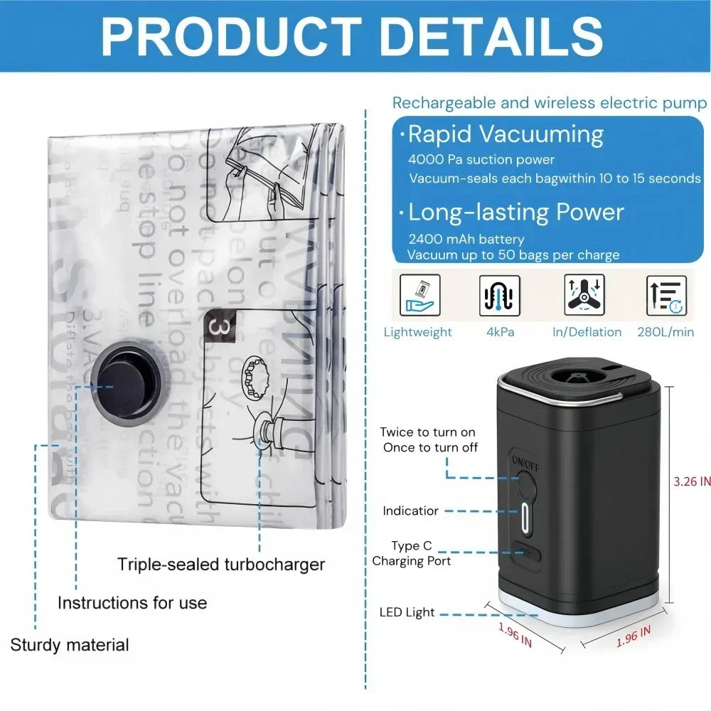 Reusable Vacuum Storage Bags, Travel Suitcases Essentials Compression Pack Bags Space Saver Sealing Bag, Clothes Vacuum Organize