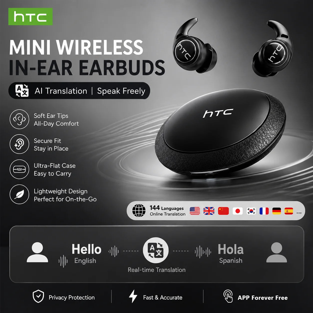 HTC NE76 Bluetooth Earbuds Mini Sleeping Earbuds for Wireless Earphones AI Translator, Noise Reduction Long Battery Headphones