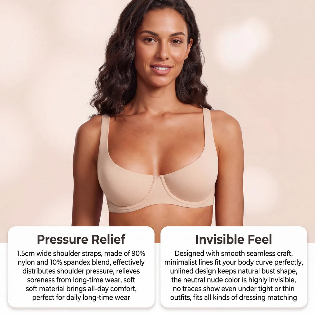 Women Naked Feel Bra Underwire Unpadded Nylon Lift Support Wide Shoulder Straps Pressure Relief Seamless Daily Outfit Comfort Br