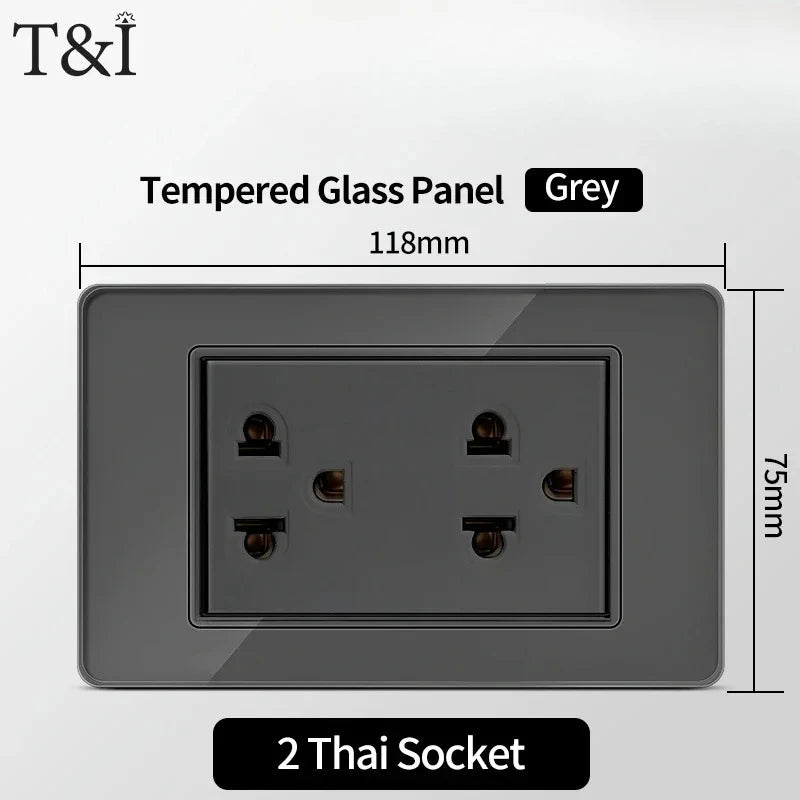 118*75mm Tempered Glass Socket US Wall Socket Grey Thai USB Socket Plug with Dual USB Type-C Ports,Light Switch 110V