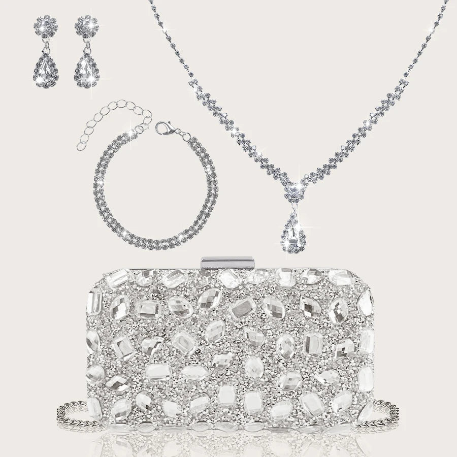 Fashionable and Luxurious, Simple Rhinestone Party Clutch and Box Bag, Exquisite and Elegant Women's Evening Bag, Paired with a Gorgeous Rhinestone Pendant Necklace, Bracelet, and Earrings Four-Piece Set, Perfect Wallet for P