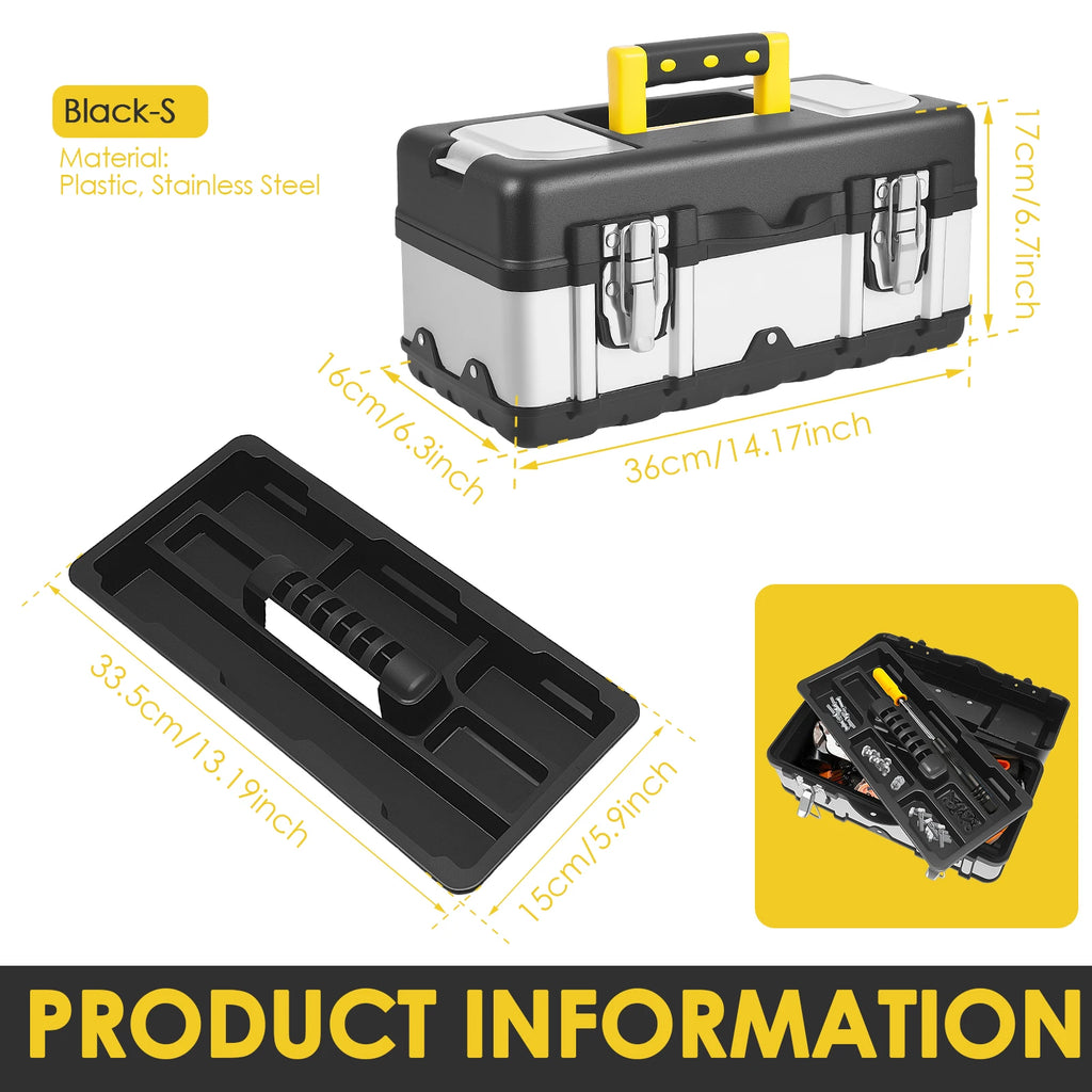 Portable Tool Box Heavy Duty Plastic and Stainless Steel Tool Storage Case with Removable Tray for Electrician Auto Repair
