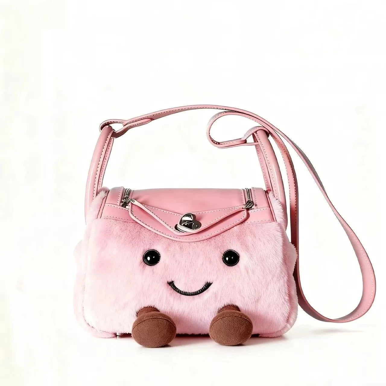 New Autumn/Winter 2025 Cute Cartoon Plush Spliced Pu Leather Pillow Bag Sweet Girl's Versatile Crossbody Bag for Commuting