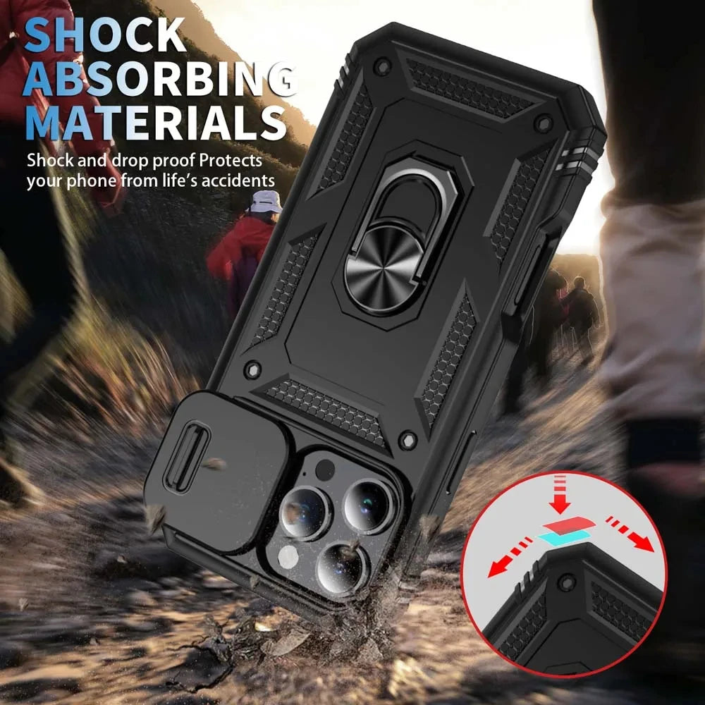 Case For iPhone 16 15 14 Pro Max 13 12 11 Pro Plus 360 Full Body Rugged Protective Slide Camera Stand Protection Ring Cover