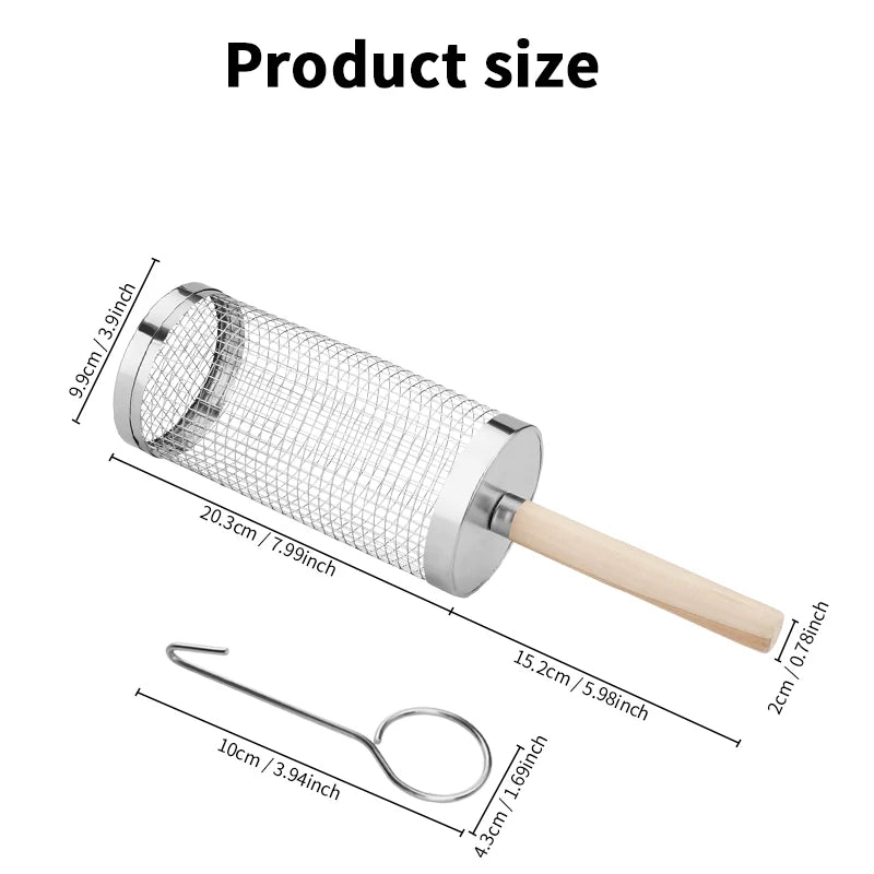 Rolling Grill Baskets for Outdoor Grill,  Basket with Removable Wooden Handle, Camping Picnic BBQ Accessories Tools for Grilling