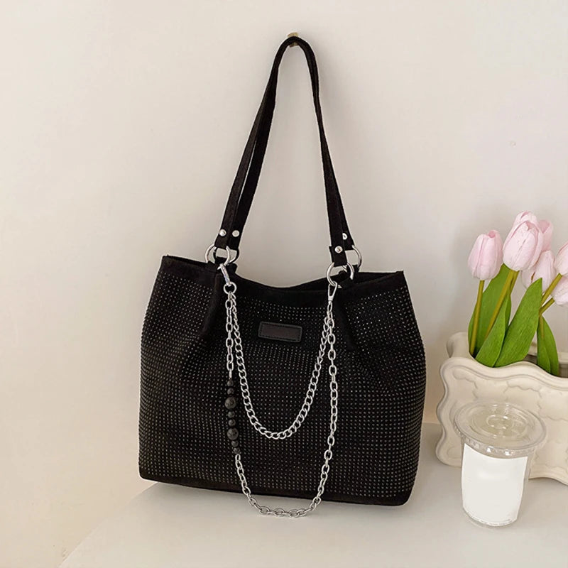 2024 Fashion Women Bling Diamonds Handbag Large Capacity PU Leather Big Totes Designer Female Chain Shoulder Bags Shopping Bags