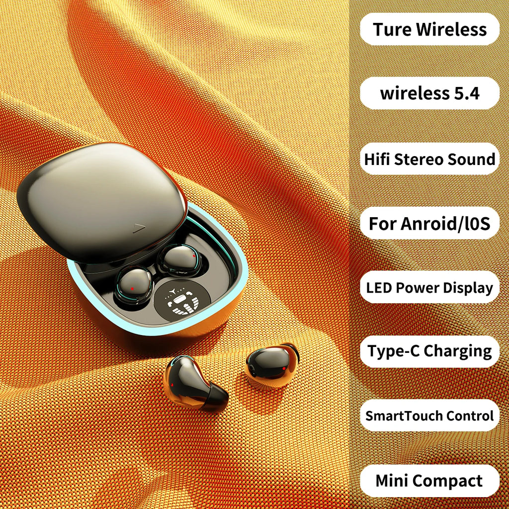 Bluetooth Wireless Earbuds, Noise Cancelling, LED Display, Ultra-Thin Mini Design for Sleeping, Long Battery Life