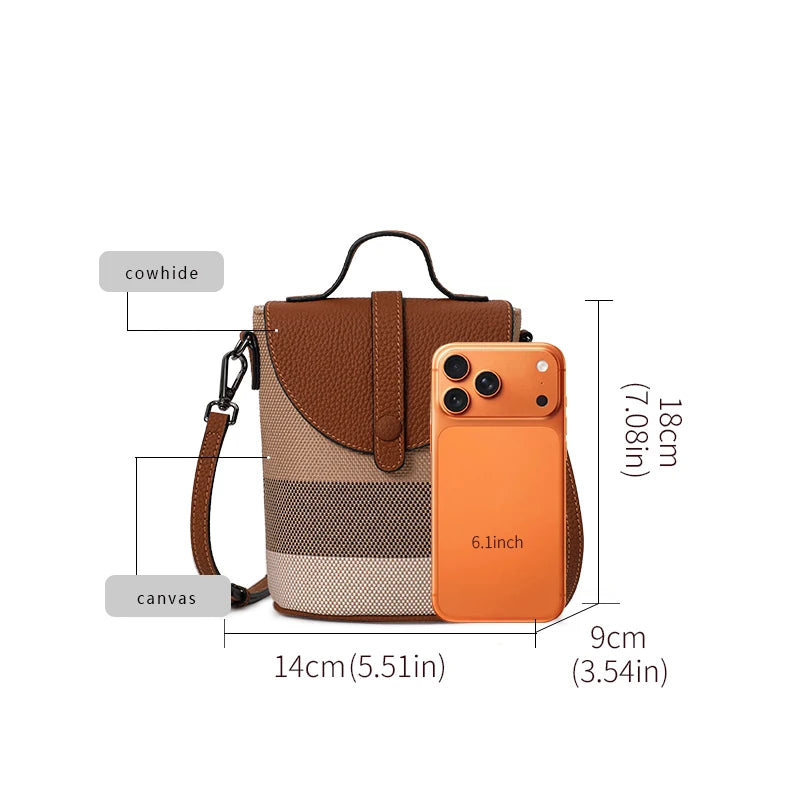 Women's Canvas Spliced Cowhide Shoulder Bag, Mini Striped Flap Handbag, Coin Purse & Crossbody Bag