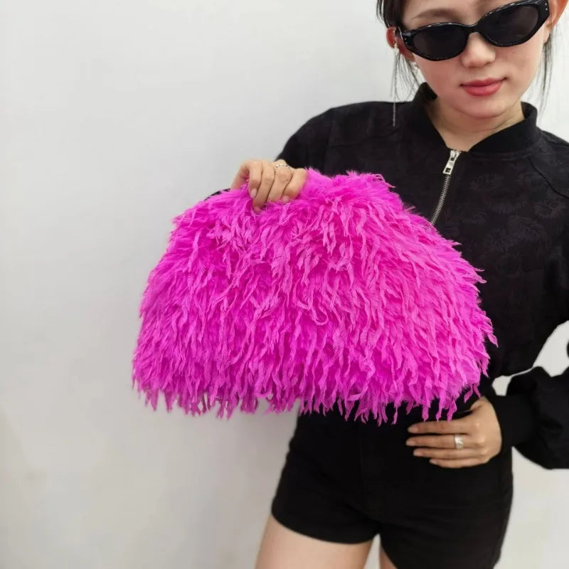 1pcs Long Fluffy Fur European Style Cloud Handbag Irregular Large Capacity Women Shoulder Bag For Winter