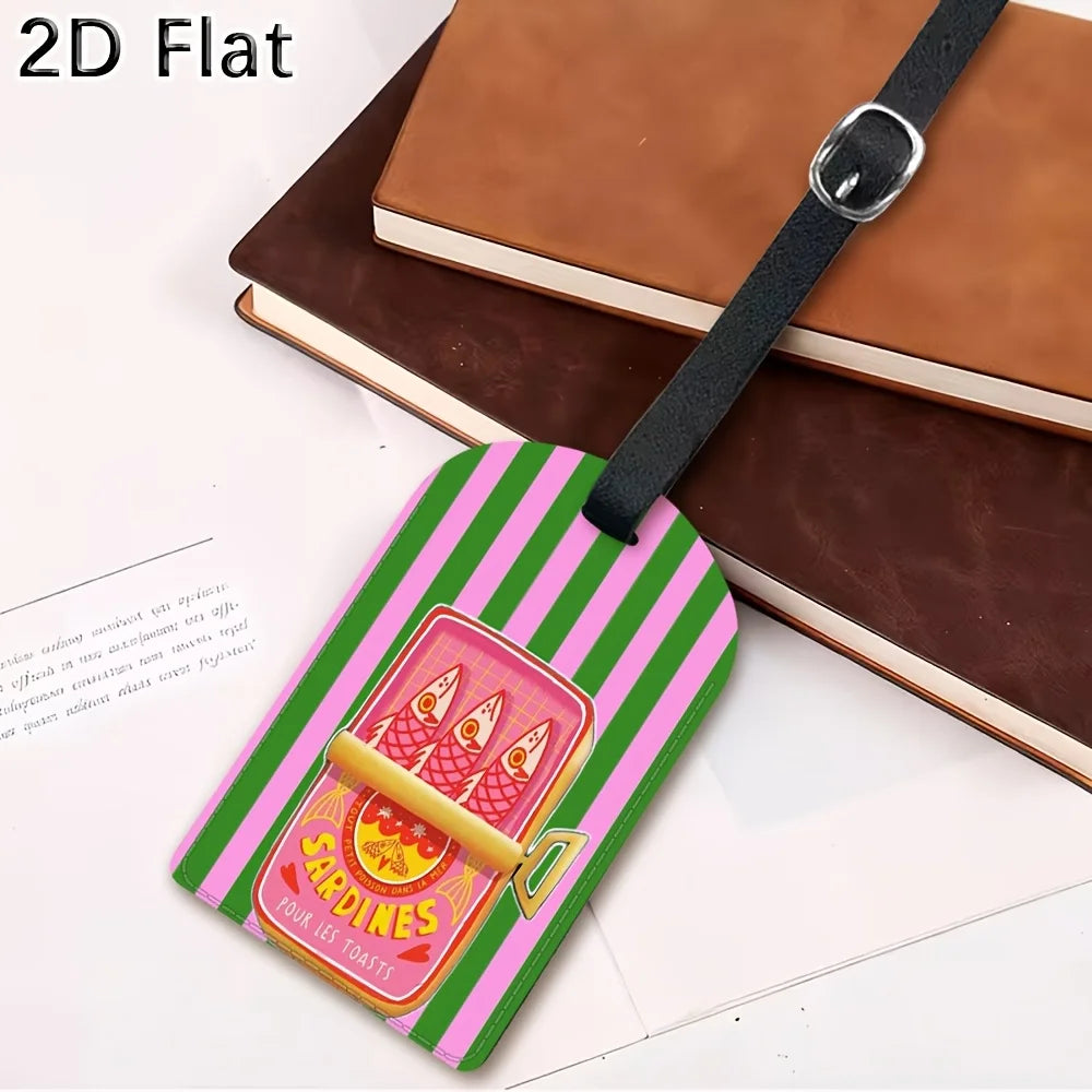 Luggage Tag with Sardine Can Print Pink Green Striped Travel Baggage Label for Suitcase Luggage Identifier Bag Tag Accessories